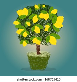 Lemon tree in a pot drawn in scribble style vector