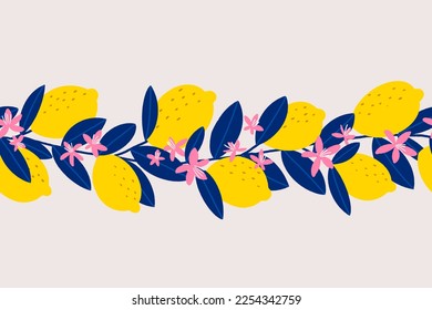 Lemon tree seamless border. Yellow blight fruits with cute pink blossoms and blue leaves. Colorful retro summer floral print for kitchen textile. Vector illustration with textured lines.