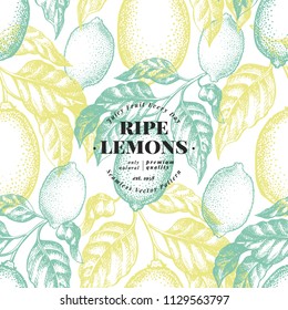 Lemon Tree Seamless Pattern. Hand Drawn Vector Fruit Illustration. Engraved Style. Vintage Citrus Background.