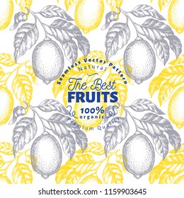 Lemon tree seamless pattern. Hand drawn vector fruit illustration. Engraved style. Vintage citrus background.