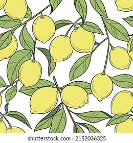 Lemon tree vector repeat pattern, citrus fruits illustration, seamless background