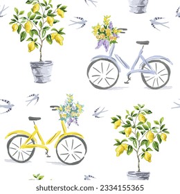 Lemon trees in the pots, bikes with flowers and swallow birds, white background. Vector seamless pattern. Cute print. Summer illustration