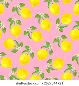 Fondo de verano trópico de limón. Patrón botánico de Vector sin costura. Estampado textil.	

