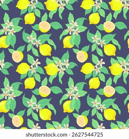 Lemon tropic summer background. Seamless vector botanical pattern. Textile print.	
