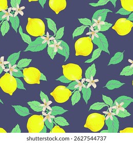 Lemon tropic summer background. Seamless vector botanical pattern. Textile print.	
