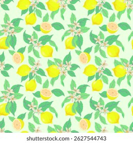 Zitrone tropischen Sommer Hintergrund. Nahtloses botanisches Vektormuster. Stoffdruck.	
