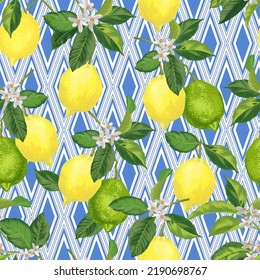 lemon tropic vector seamless pattern on geometric background. Botanical print. Food exotic illustration.