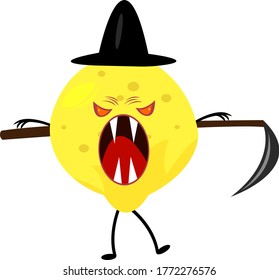 lemon tropical fruit aggressive monster with sharp fangs evil eyes and a scythe behind the back concept of halloween and mysticism object on a white background