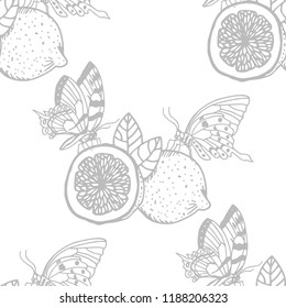 lemon tropical fruits butterfly seamless pattern