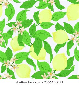 Lemon tropical vector pattern. Seamless citrus print on white background. Hand drawn illustration with lemons. Botanical print. Eco food.	
