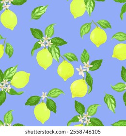 Lemon tropical vector pattern. Seamless citrus print on white background. Hand drawn illustration with lemons. Botanical print. Eco food.	