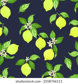 Lemon tropical vector pattern. Seamless citrus print on white background. Hand drawn illustration with lemons. Botanical print. Eco food.	