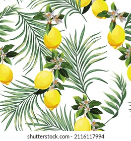 Lemon tropical vector seamless background. Jungle pattern with exotic flowers, and palm leaves. Stock wallpapere. Jungle vector vintage print. 