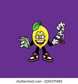 lemon vector character cartoon mascot smoking blunt from weed flower bud nug cannabis and money