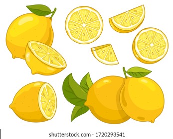  Vector de limón. Corte de limón de cítrico aislado en fondo blanco. Frutos tropicales de verano amarillos para jugo de limonada o cítrico fresco. Barro de limón medio con colección vectorial de hoja verde.