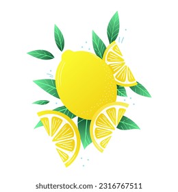 Lemon vector clip art, citrus fruit illustration with leaves, colorful flat illustration