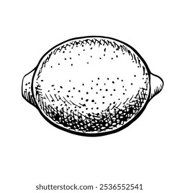 Lemon. Vector graphic illustration of a citrus fruit. A black and white hand-drawn image. On a white background. Great for menus, labels, posters with cooking recipes, stickers, postcards, packages.