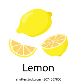 Lemon vector. Lemon, half lemon and slice isolated on a white background with inscription Lemon.