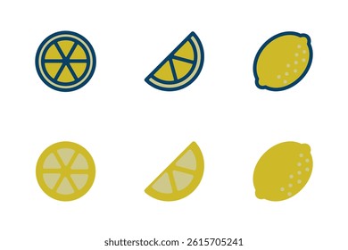 Lemon vector icon illustration set. Set of 6 icons: sliced, cut and whole.