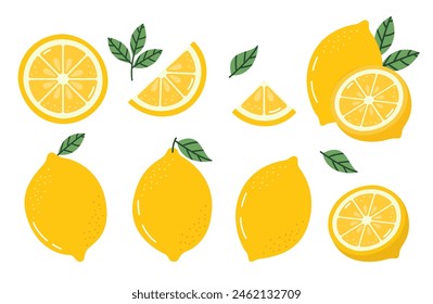 Ilustración vectorial de limón aislada sobre fondo blanco. Lindo juego de limones. Fruta de verano entera con hojas y rebanadas.