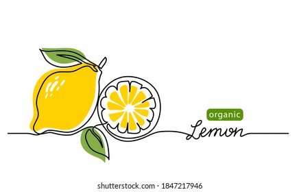 Lemon vector illustration. One continuous line drawing art illustration with lettering organic lemon.