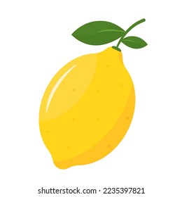 Lemon vector illustration. One fresh lemon. Citrus fruit. Colorful lemon with green leafs. Juicy lemon from nature. Cute and simple flat design object. Tropical freshness.