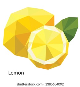 Lemon. Vector illustration of ripe yellow lemon in low poly style on a white background. Tropical, exotic citrus fruit. Food, vitamin, ingredient. Print design