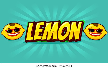 Lemon vector illustration! Two funny lemons and lemon word on a blue background with rays! 