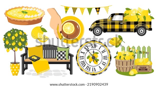 Lemon\
vector illustrations set. Lemon tree, truck, lemon pie, bench, tea\
cup. Lemon harvest in the basket. Vector\
clipart.