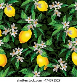 Lemon vector pattern with creative texture and flowers.Seamless decorative background.Hand drawing illustration for cover, wallpaper, textile design.