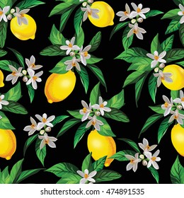 Lemon vector pattern with creative texture and flowers.Seamless decorative background.Hand drawing illustration for cover, wallpaper, textile design.