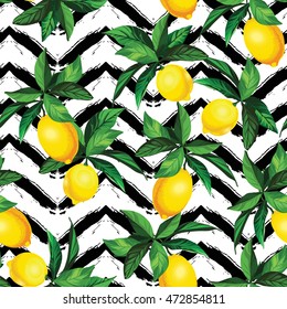 Lemon vector pattern with zig zag texture.Seamless decorative background.Hand drawing illustration for cover, wallpaper, textile design.