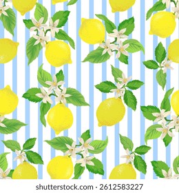 Lemon vector seamless background with stripes. Summer lemon pattern. Botanical illustration.