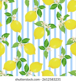 Lemon vector seamless background with stripes. Summer lemon pattern. Botanical illustration.