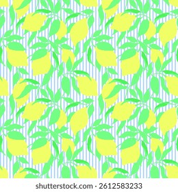 Lemon vector seamless background with stripes. Summer lemon pattern. Botanical illustration.