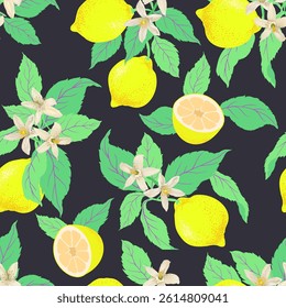 Lemon vector seamless background. Summer exotic lemon pattern. Botanical tropic illustration..