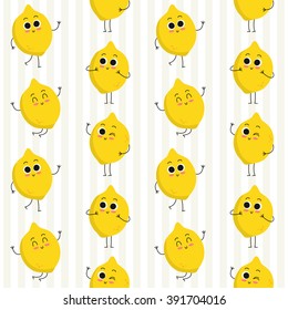 Lemon, vector seamless pattern with cute fruit characters on stripy background