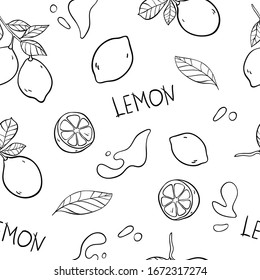 Lemon vector seamless pattern with lemons on branch, cut lemon, lemon leaves, splashes of juice, lettering "lemon" in doodle style. Repeated background for textile design, printed and web products.