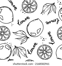 Lemon vector seamless pattern with lemons on branch, cut lemon, lemon leaves, splashes of juice, lettering lemon. Repeated background for textile design, printed and web products.