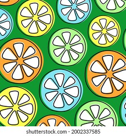 Lemon. Vector seamless pattern on a green background. Colored stylized slices. Stylization