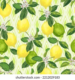 Lemon vector seamless pattern. Tropic fruit. Exotic print for wallpaper, fabric, banner. 