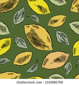 Lemon vector seamless pattern. Tropical summer citrus fruit engraved style background. Can be used for wallpaper, textile, invitation card, wrapping, web page background.