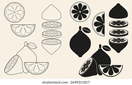 Lemon vector set in black and outline style for packaging, branding, labels, and food design