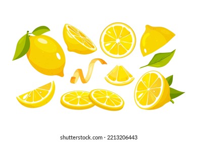 Lemon vector set. Collection of lemon fruits, halves, and slices  isolated on white background