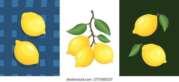 Lemon vector set isolated on white background. Yellow lemons collection with green leaves and branches. Juicy citrus fruit illustrations for lemonade. Fresh lemon groups and single fruits with shadows