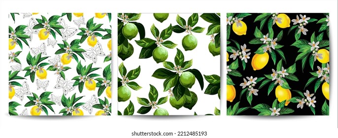 Lemon vector set. Seamless tropic illustrarion. Botanical organic classic pattern. Vitamin exotic print.