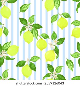 Lemon vector summer pattern on striped background. Fruit citrus illustration.