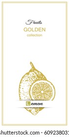 Lemon vector in vintage style. Gold lemon isolated on  white background. Design for food, sweets, eco, nature products, pharmacy cosmetics, body care product, sign cards, packaging..