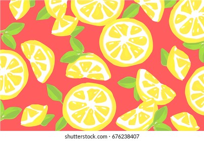 Lemon vector watercolor background. Decorative slices with leaves.