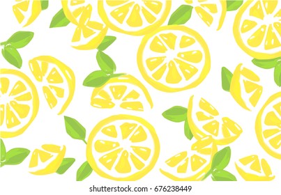 Lemon vector watercolor background. Decorative slices with leaves.